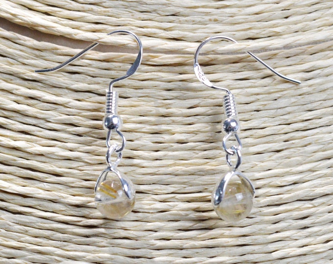 Rutile quartz - 6mm pearl dangling earrings - 925 silver