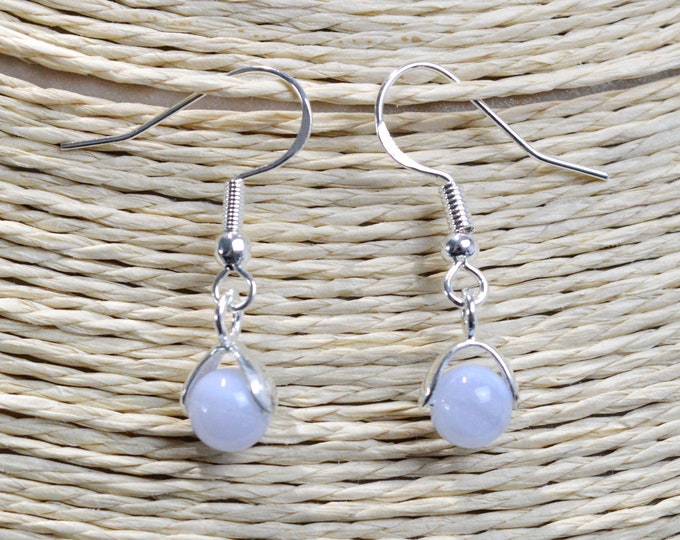 Agate "Blue lace" - 6mm pearl dangling earrings - 925 silver
