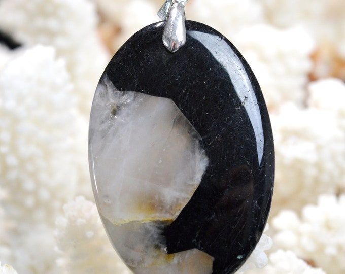 Quartz & tourmaline noire 127 carats - pendentif cabochon pierre naturelle - Brésil // CP76