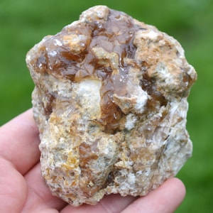 May include: A rough, irregularly shaped amber-colored stone with a translucent, glassy appearance. The stone has a mix of light brown, tan, and white hues, with a glossy, resinous texture. The stone is held in a hand against a blurred green background.