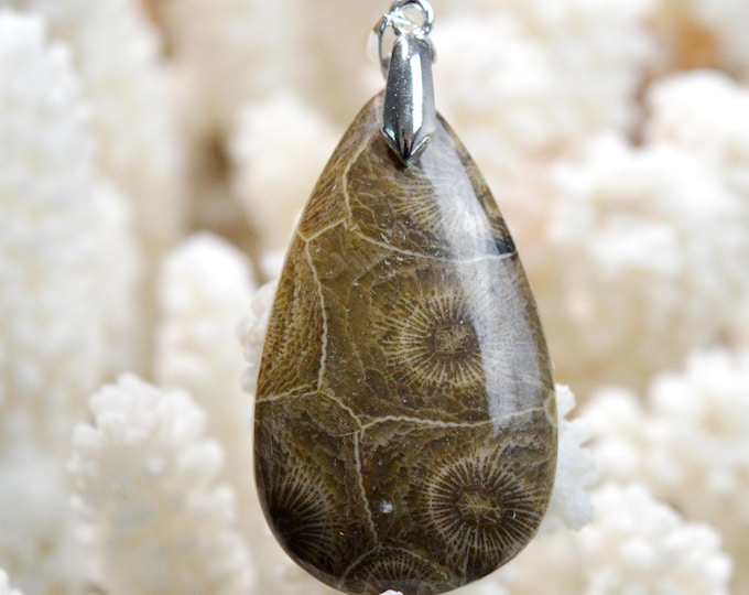 Fossil coral 50 carats - natural stone cabochon pendant - Indonesia /FQ41