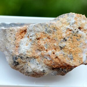Puede incluir: Una roca rugosa, gris y naranja con una superficie texturizada. La roca tiene una variedad de depósitos minerales, incluyendo blanco, gris y naranja.