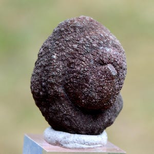 Op de afbeelding: Een donkerbruine, getextureerde rotsformatie, mogelijk een mineraalmonster, staat op een kleine, lichtgekleurde basis. De rots heeft een ruw, ongelijkmatig oppervlak met een licht afgeronde vorm. De achtergrond is een zacht, wazig groen.