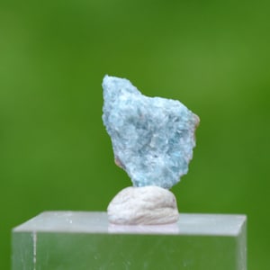 Könnte beinhalten: Ein hellblaues Mineralpräparat mit rauer Textur, das auf einem kleinen, abgerundeten, cremefarbenen Stein ruht. Das Mineral wird auf einem transparenten, rechteckigen Ständer vor einem verschwommenen grünen Hintergrund präsentiert.