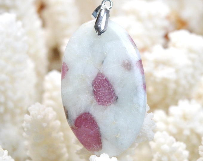 Quartz & pink tourmaline 52 carats - natural stone cabochon pendant - Taquaral, Brazil / EO33