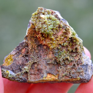 Puede incluir: Una roca rugosa de color gris oscuro con un grupo de cristales verde brillante en la parte superior. Los cristales son pequeños y tienen un brillo brillante, casi metálico.