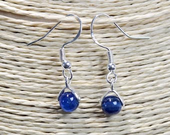 Kyanite / Kyanite - 6mm pearl dangling earrings - 925 silver