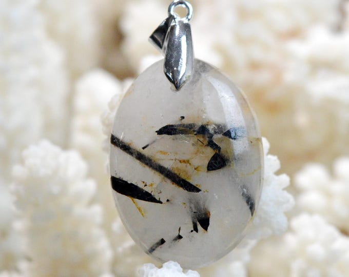 Quartz & tourmaline noire 47 carats - pendentif cabochon pierre naturelle - Pakistan / FQ28