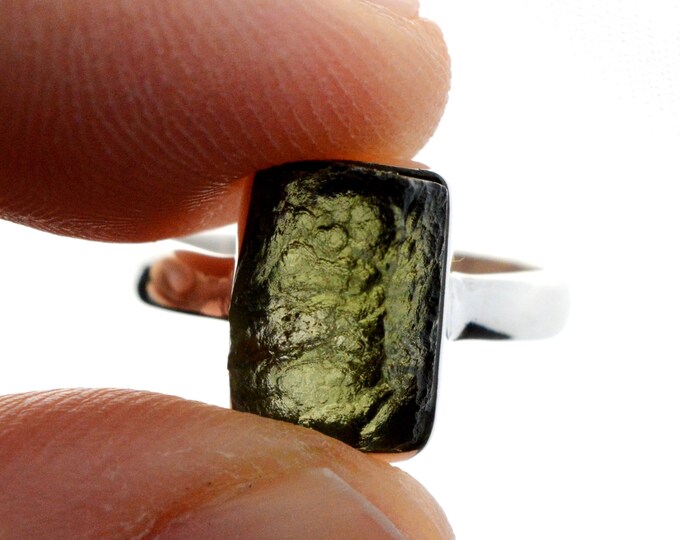 Moldavite - US6.5 / UE53 - 14.5 carats - Bague pierre naturelle - République Tchèque - Argent 925
