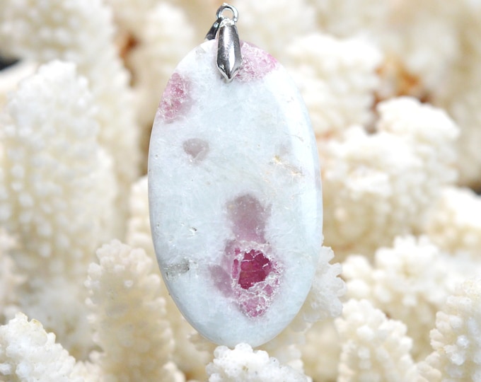 Quartz & pink tourmaline 70 carats - natural stone cabochon pendant - Taquaral, Brazil / EO30