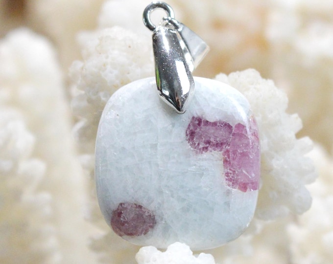 Quartz & pink tourmaline 27 carats - natural stone cabochon pendant - Taquaral, Brazil / FX44