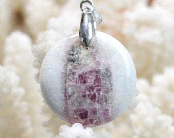 Quartz & pink tourmaline 42 carats - natural stone cabochon pendant - Taquaral, Brazil / FX43