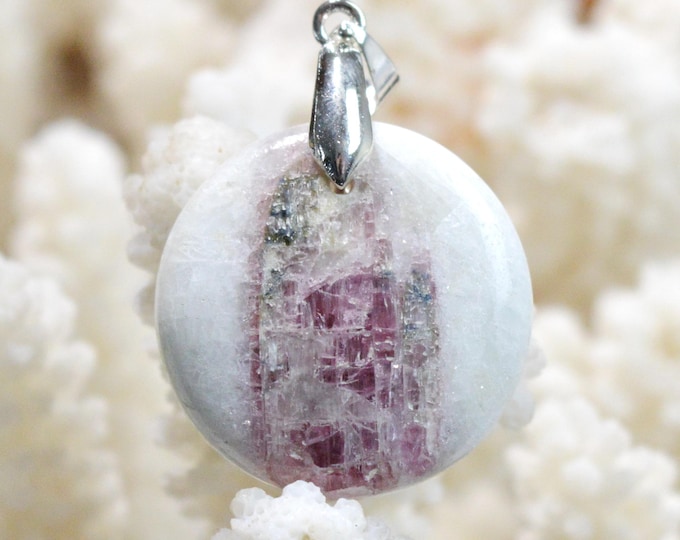 Quartz & pink tourmaline 42 carats - natural stone cabochon pendant - Taquaral, Brazil / FX43