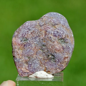 Könnte beinhalten: Ein rauer, natürlicher Edelstein mit einer Mischung aus lila, braunen und grünen Farbtönen. Der Stein hat eine strukturierte Oberfläche und wird auf einem transparenten, rechteckigen Ständer vor einem verschwommenen grünen Hintergrund präsentiert. Ein einzigartiger, natürlicher Artikel.