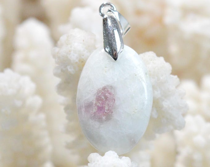 Quartz & pink tourmaline 21 carats - natural stone cabochon pendant - Taquaral, Brazil / FW97