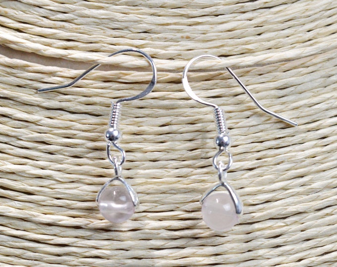 Rose quartz - 6mm pearl dangling earrings - 925 silver