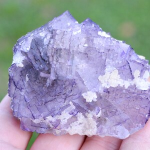 May include: A cluster of purple fluorite crystals with white calcite inclusions. The fluorite crystals are cubic in shape and have a glassy luster.