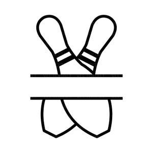 May include: Black and white outline of two bowling pins with a space for text in the middle.