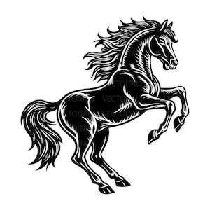 Puede incluir: Una silueta negra de un caballo que se levanta sobre sus patas traseras con su melena ondeando en el viento.