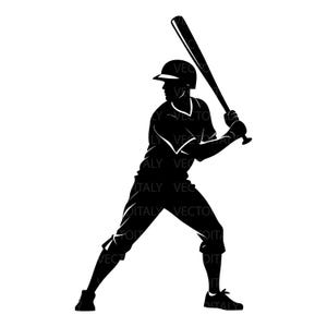 Può includere: Silhouette in bianco e nero di un giocatore di baseball in posizione di battuta. Il giocatore indossa un casco, una divisa e tiene in mano una mazza da baseball. L'immagine è una grafica vettoriale.