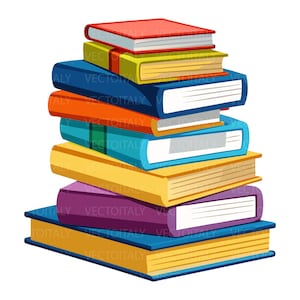Può includere: Una pila di libri colorati con copertine rosse, gialle, blu, arancioni e viola. I libri sono disposti in un'alta pila, con i dorsi rivolti verso l'esterno. L'immagine include il testo "VECTOITALY".
