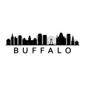May include: Black and white silhouette of the Buffalo, New York skyline, featuring skyscrapers and a Ferris wheel. The text "BUFFALO" is written below the skyline.
