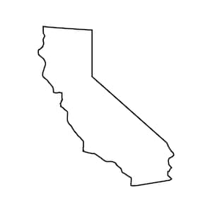 May include: A black outline of the state of California against a white background. The shape is a simplified, geometric representation of the state's coastline and borders.
