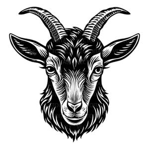 May include: A detailed black and white illustration of a goat's head, facing forward. The goat has large, curved horns, detailed fur, and a focused expression. The image is a graphic design, likely for print or digital use.