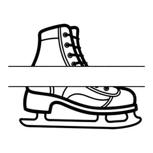 Può includere: Illustrazione in bianco e nero di un pattino da ghiaccio. Il disegno presenta uno stivale con lacci e una lama, ideale per sport invernali o decorazioni.
