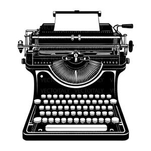 May include: Black and white illustration of a vintage typewriter with a sheet of paper inserted. The typewriter features a full keyboard, a ribbon spool, and a carriage return lever. The design is a classic representation of a writing tool.