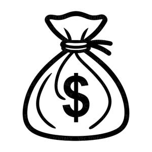 Può includere: Illustrazione in bianco e nero di un sacco di soldi. La borsa è legata in alto con un nodo e presenta un grande simbolo del dollaro al centro, che simboleggia ricchezza e finanza.