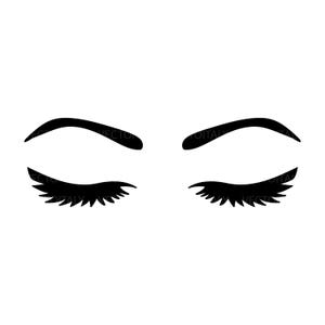 Può includere: Illustrazione vettoriale in bianco e nero di occhi chiusi, con sopracciglia arcuate e lunghe ciglia dettagliate. L'immagine ha un design minimalista, perfetto per prodotti di bellezza.