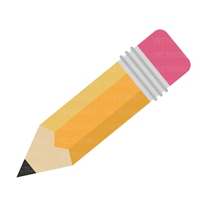 Può includere: Una matita gialla con punta nera e gomma rosa. La matita ha una ghiera argentata ed è angolata verso destra. Illustrazione vettoriale con il testo "VECTOITALY" ripetuto.