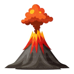 Puede incluir: Una ilustración gráfica estilizada de un volcán cónico en erupción con lava de color rojo y naranja brillante fluyendo por las laderas de color gris oscuro, coronado por una gran nube ondulante de humo naranja y amarillo.