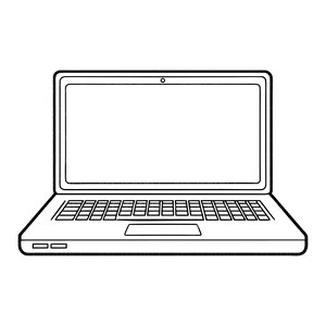 Può includere: Un'illustrazione al tratto in bianco e nero di un computer portatile. Il dispositivo presenta uno schermo rettangolare con un piccolo obiettivo circolare della fotocamera al centro in alto, una tastiera standard e un trackpad rettangolare.