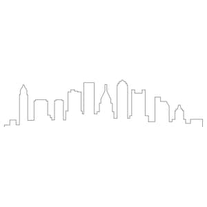 May include: A minimalist black and white line drawing of a city skyline. The image features a series of buildings and structures, creating a cityscape silhouette against a white background. The design is simple and modern, suitable for various applications.