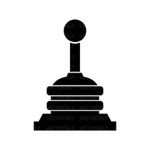 Op de afbeelding: Zwart-witte silhouet van een auto versnellingspook. De versnellingspook heeft een ronde knop en een basis met meerdere ringen.