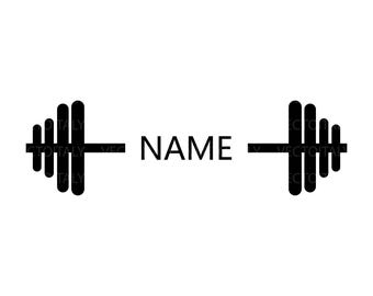 May include: Black and white graphic design of a barbell with the word "NAME" in the center.