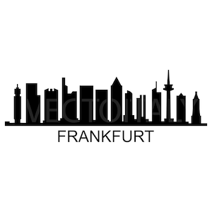 Puede incluir: Silueta en blanco y negro del horizonte de Frankfurt, con el texto "FRANKFURT" debajo.
