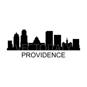 May include: Black and white silhouette of the Providence, Rhode Island skyline. The skyline features several tall buildings, including the State House dome.
