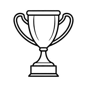 May include: A black and white line drawing of a trophy cup. The trophy has a wide, rounded bowl with two curved handles. The base is rectangular, and the overall design is simple and elegant.