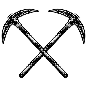 May include: A monochrome illustration of two pickaxes crossed over each other. The pickaxes feature curved blades and long handles, with detailed shading. The design is a classic emblem, rendered in black and white.