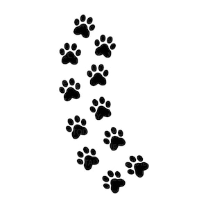 May include: A black and white illustration of a series of paw prints, arranged in a curved line, resembling a trail.