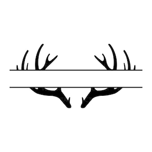May include: Black silhouette of a split monogram with antlers on either side. The antlers are facing inwards and the space in the middle is for a name or initials.