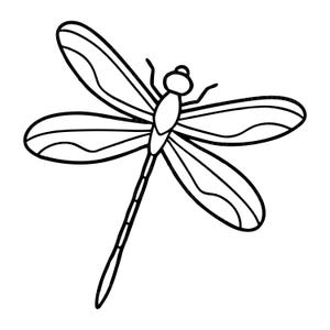 May include: A black and white line drawing of a dragonfly. The insect has a long, segmented body, four large wings with detailed veins, and small antennae. The wings are spread wide, and the style is simple and graphic.
