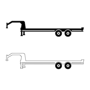 May include: Two black and white illustrations of a trailer. The top trailer is solid black, while the bottom trailer is an outline. Both trailers have a hitch, a long bed, and two wheels.