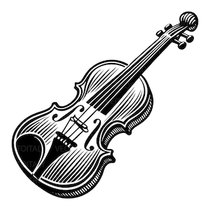 May include: A black and white illustration of a violin. The instrument is depicted at an angle, showcasing its curved body, strings, and scroll. The design features detailed lines and shading, giving it a classic, artistic look.
