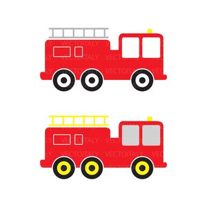 Könnte beinhalten: Zwei rote Feuerwehrautos mit schwarzen Rädern und weißen Fenstern auf weißem Hintergrund. Das obere Auto hat eine graue Leiter, das untere eine gelbe Leiter. Der Text "VECTOITALY" ist auf der Seite jedes Autos zu sehen.