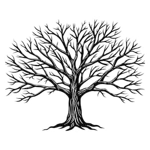 May include: A monochrome illustration of a tree without leaves. The tree features a textured trunk and a network of branches. The roots are visible at the base, and the image is set against a white background.