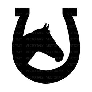 May include: A black silhouette of a horse's head inside a horseshoe. The horseshoe and horse head are solid black against a white background. The text "VECTOITALY" is repeated around the horseshoe.
